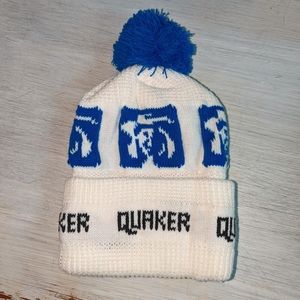 Vintage Rare Deadstock Quaker Oats Oatmeal Blue White Winter Beanie Hat Pom Poms